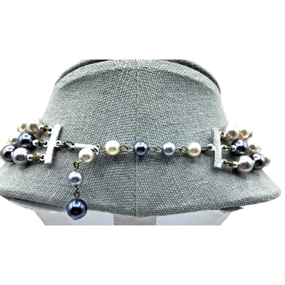 Triple Strand Beaded Necklace Japan Faux Pearl Gray White Signed Vintage Costume - Picture 3 of 6